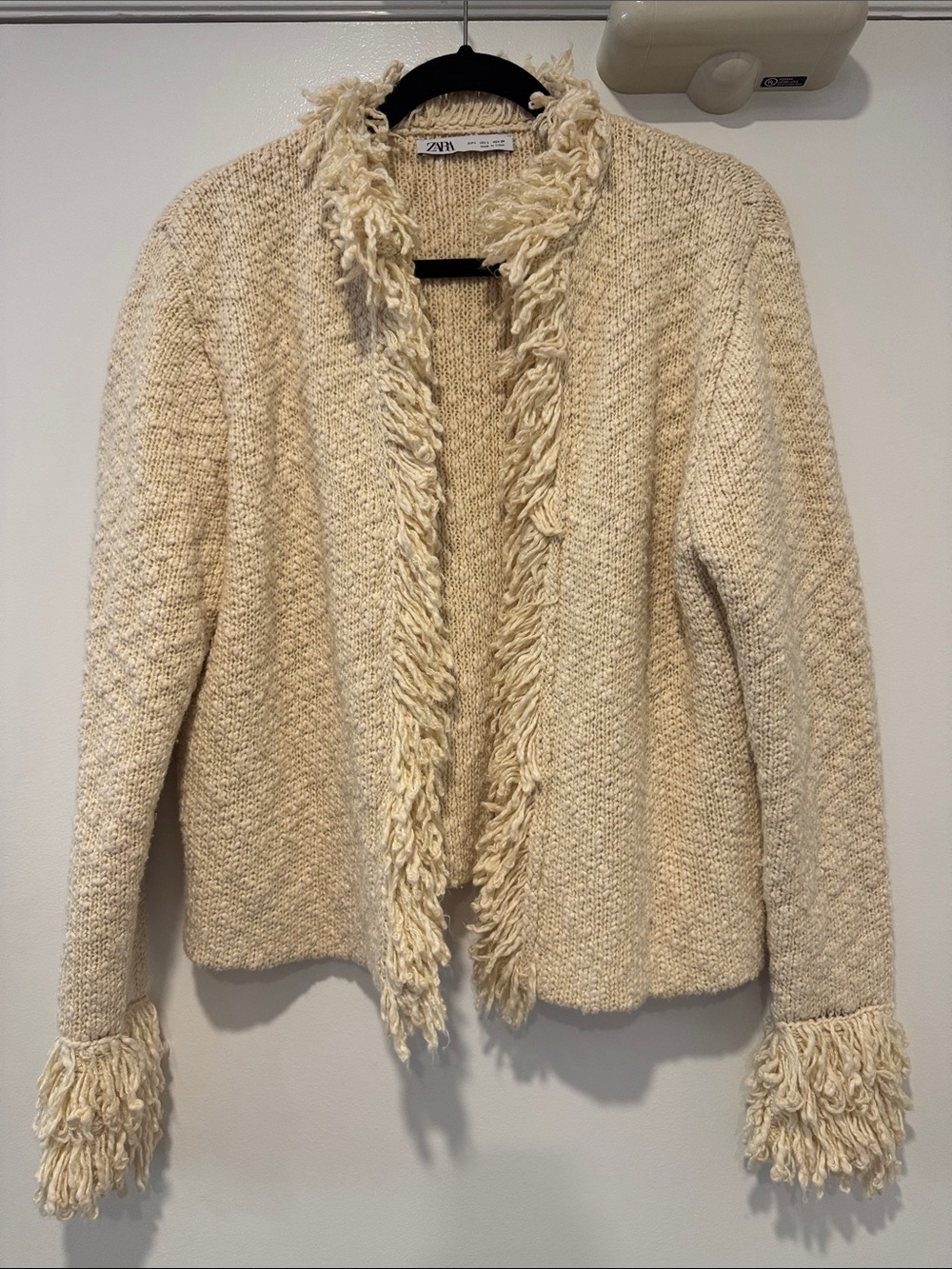 ZARA Cream Fringed Open-Front Knit Sweater